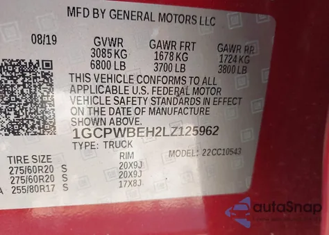 2020 Chevrolet Silverado 1500 2Wd Short Bed Custom from USA, damaged, VIN 1GCPWBEH2LZ125962